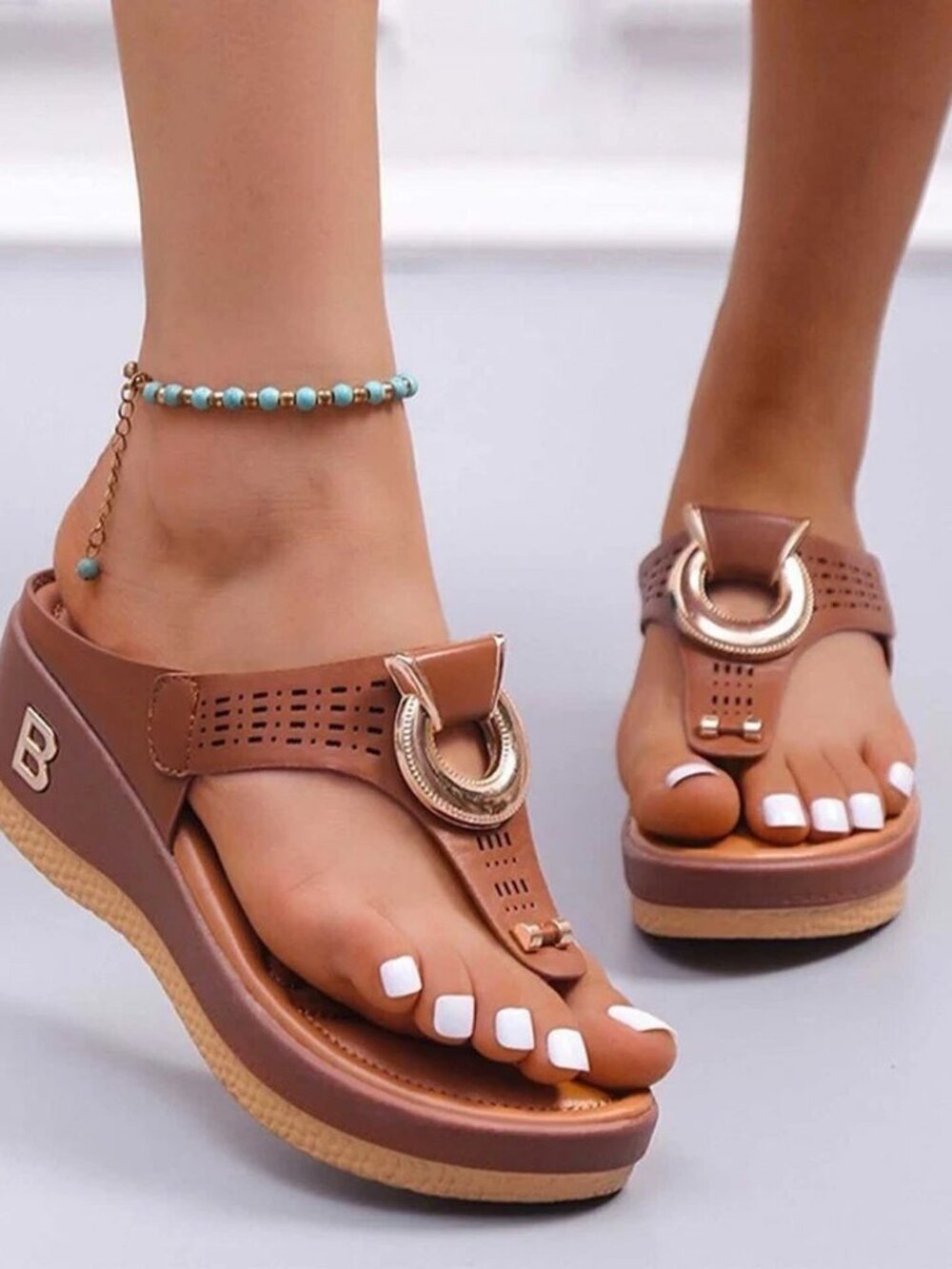 Anti-Slip Women Orthopedic Sandals Casual Beach Comfy Shoes Mid-Wedge Flip Flops